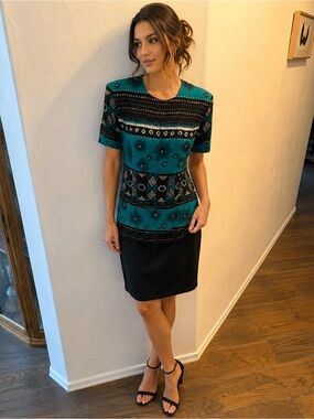 Vintage 1980Teal Patterned Top-and-Skirt Set - Women's Two-Piece Skirt Outfit